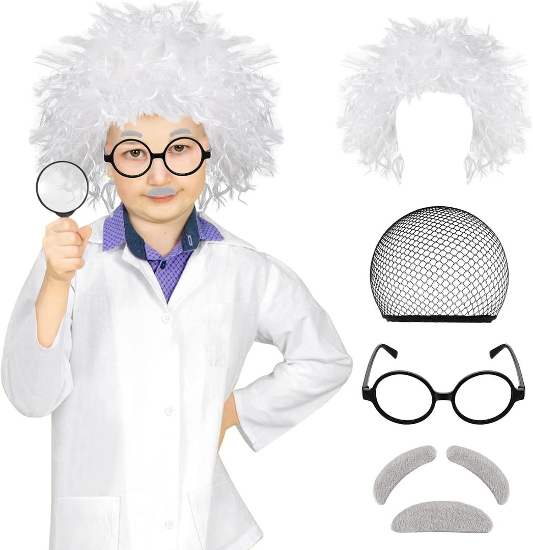 Haysandy Kids Mad Scientist Costume Crazy Physicist Costume Wig Lab Coat Glasses Mustache for 100th Day of School Cosplay (8-10T)
