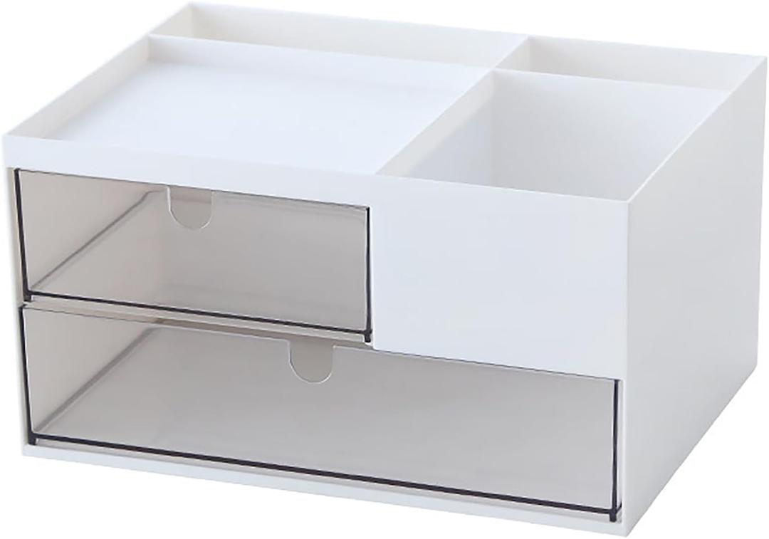 Desk Drawer Organizer, Desk Storage Box with 2 Drawers and 4 Compartments, Multifunctional Desk Accessories & Countertop Organizers for Office School Home (White (9*6.5*5inch - 6 Compartment)