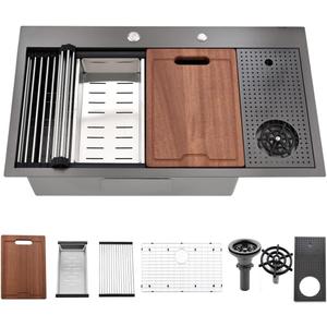 33 Inch Black Drop In Kitchen Sink with Glass Rinser-Bokaiya 33x19 Drop In Sink Workstation 16 Gauge Stainless Steel Single Bowl Deep Kitchen Sinks with Cup Washer