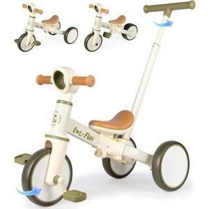 LOL-FUN Tricycle for Toddlers 1-3 Baby Balance Bike 1 2 Year Old Boys Girls Ride on Toy with Parent Steering Push Handle & Removable Pedal (Cream Olive)