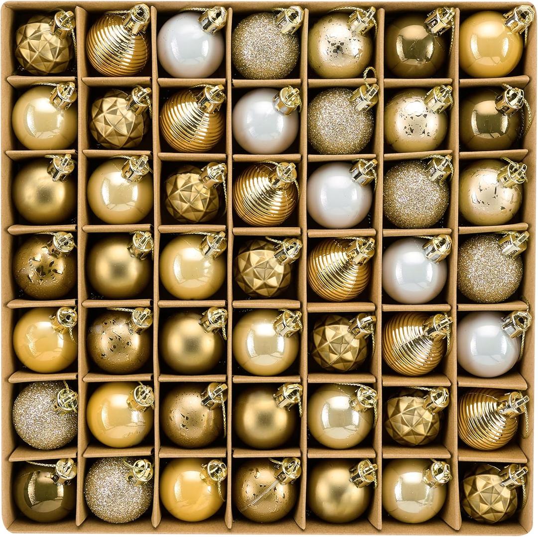 DecorbyHannah Mini Christmas Ornaments, 49ct 1.18 inches Small White Gold Ornaments for Christmas Tree Decorations, Shatterproof Plastic Hanging Ball Bulk Set for Xmas Holiday Table Decor