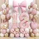 Dusty Pink Balloon Number 18 for 18th Birthday Decorations Girls, Retro Blush Pink Gold Cream Latex Balloons with Large Bow Heart Foil Balloons for Boho 18 Year Old Birthday Anniversary Party Decor