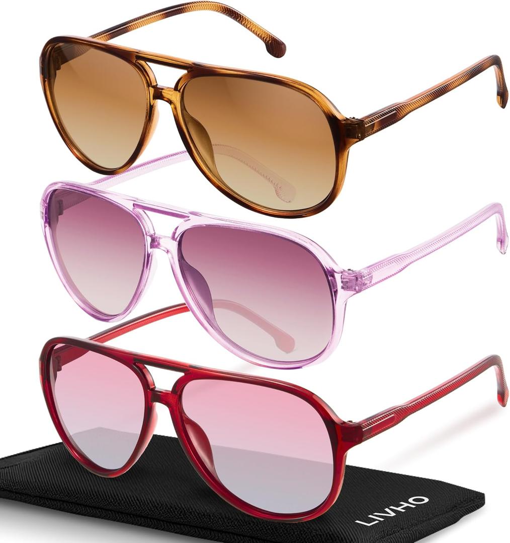 livho Trendy Polarized Aviator Sunglasses Women Men, Retro Sun Glasses for Women Men 2025, Oversized UV Protection Shades (Red/Brown Tortoise/Brown + Pink + Burgundy)