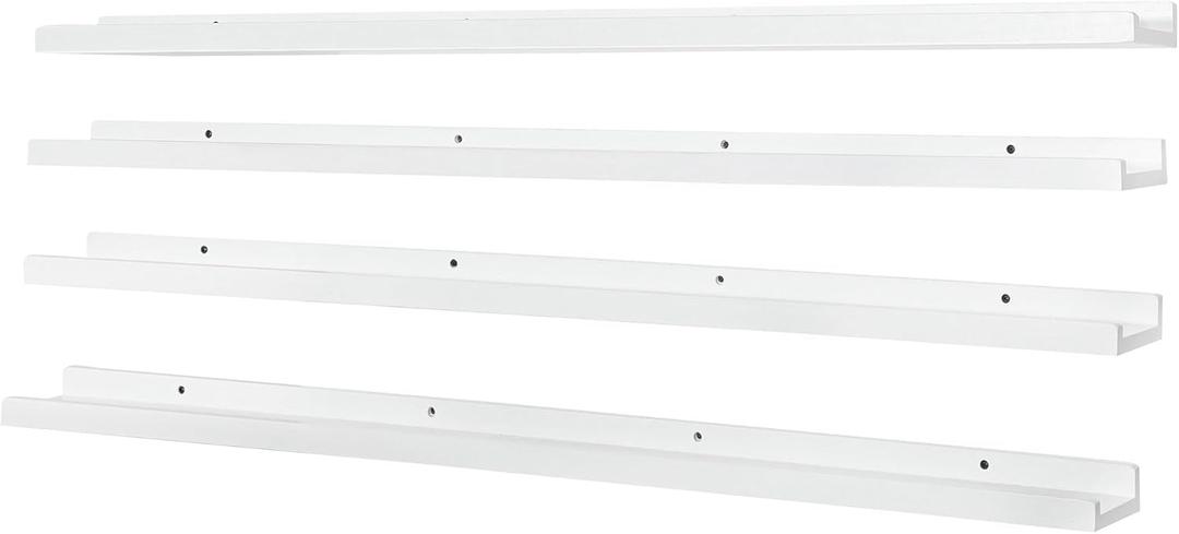PHOENANCEE Long Floating Shelves for Wall 47 Inch,Real Wood Picture Ledge with Lip Set of 4,Photo Frame Storage Display for Living Room Nursery Bedroom Bathroom Kitchen Home Office Decor (White)