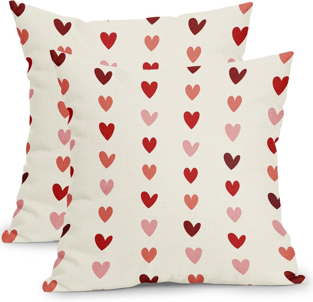 Kawani Valentine's Day Pillow Covers 18x18 Inch Small Red Pink Hearts Outdoor Decorative Throw Pillow Covers Set of 2 Pink Valentines Day Pillowcases Cushion Covers for Home Couch Decor