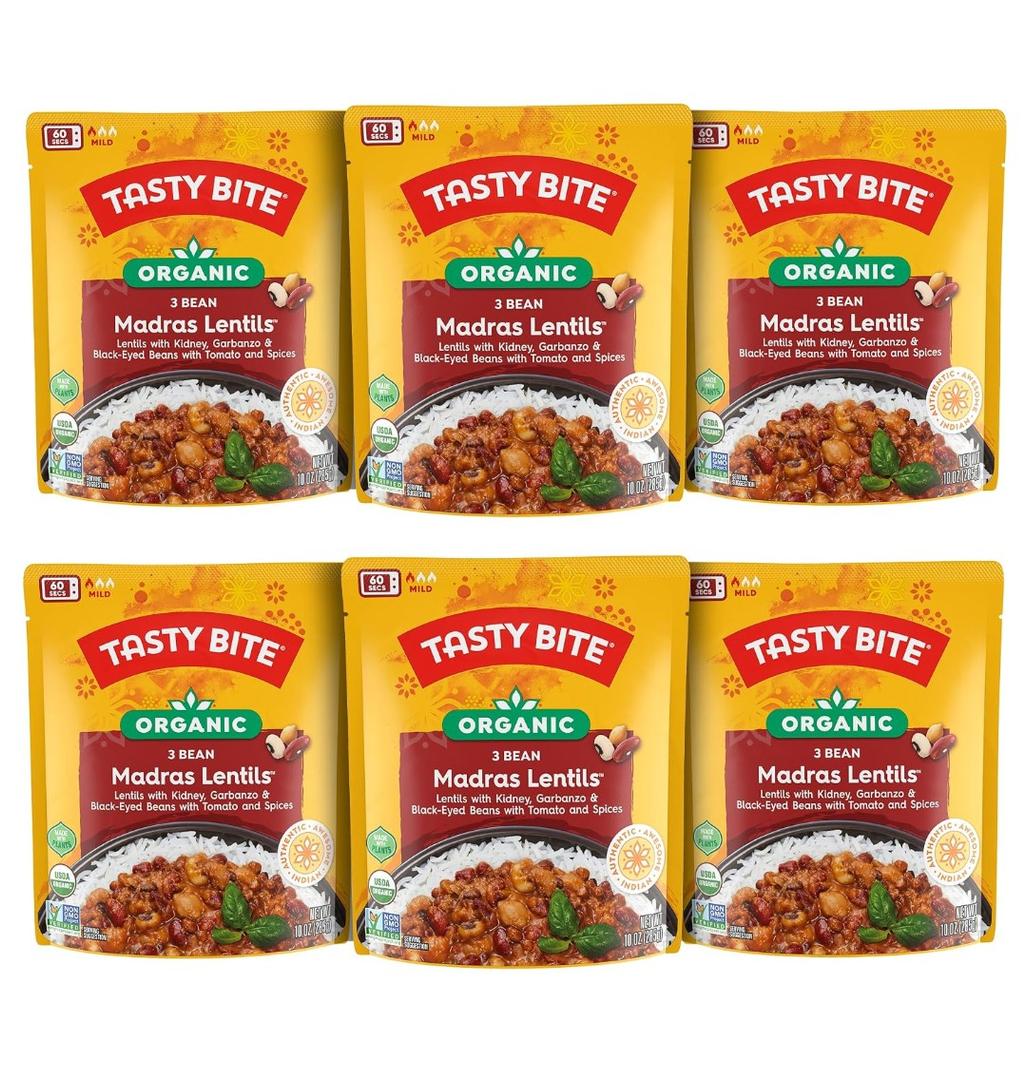 Tasty Bite Organic 3 Bean Madras Lentils, 10 Ounce, Pack of 5, Simmered With Tomato & Spices, Ready to Eat, Microwavable (EXP 08/31/27)