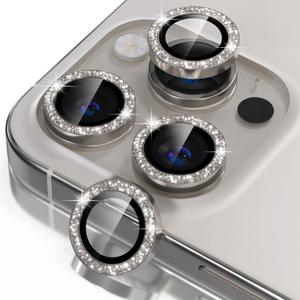 Misea Compatible for iPhone 16 Pro/iPhone 16 Pro Max Camera Lens Protector Bling, 9H Tempered Glass Camera Cover Screen Protector Metal Individual Ring Protector Decoration, Natural Titanium Glitter