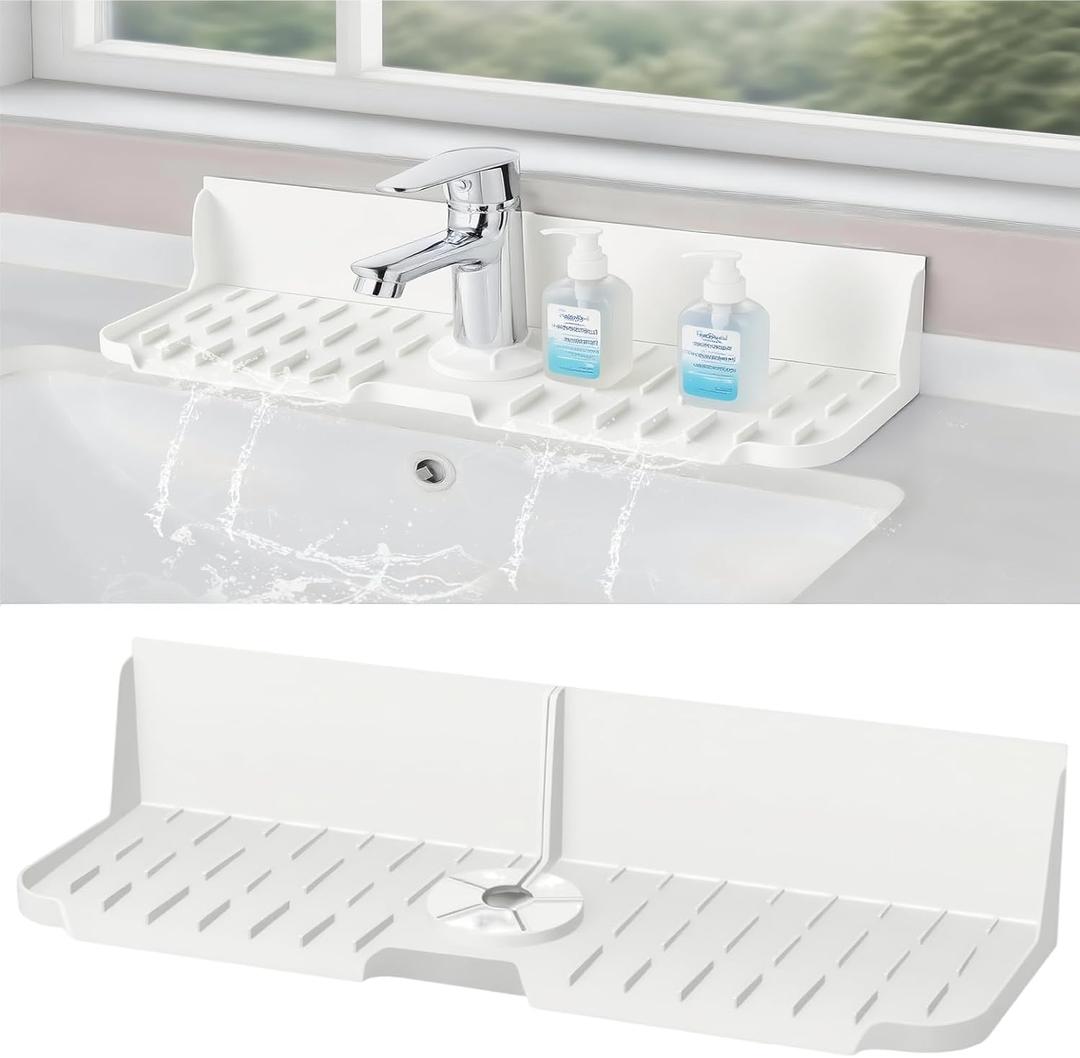 Silicone Kitchen Countertop & Sink Splash Guard, Silicone Sink Faucet Drying Mat, Faucet Mat for Kitchen Sink, 16.9 x 5.5 x 3.9 Splash Guard for Kitchen, Bathroom (Transparent)