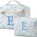 HBselect 2pcs Initial Quilted Cotton Large Travel Cute Floral Coquette Makeup Cosmetic Toiletry Bag for Women Girls, Style E