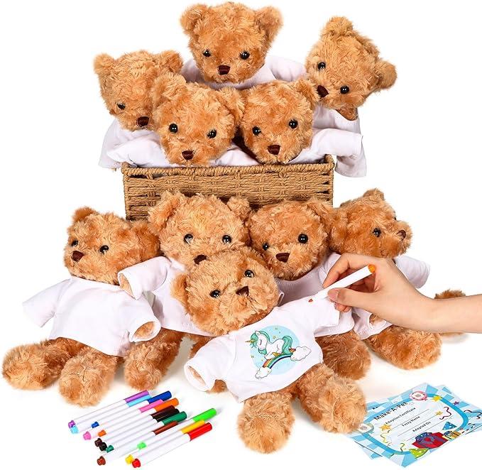 Blueweenly Make Your Own Stuffed Bear Gift Kit 10 Pcs 9.84 Inches Rose Velvet Bear 10 White T Shirt 10 Set 12 Color Watercolor Pen 10 Paper Card DIY