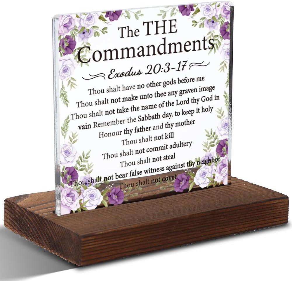 The Ten Commandments Acrylic Plaque, Bible Verse Inspirational Wall Art, Exodus 20:3-17 Scripture Home Decor, Christian Gift Floral Decor, Religious Keepsake Gift for Home, Office & Church,XXD103