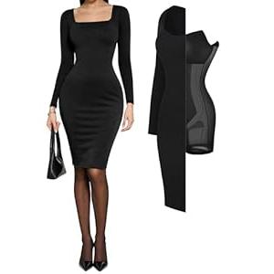 Popilush Cocktail Dress Long Sleeve Square Neck Midi Dress Shapewear Tummy Control Bodycon Dress Party Evening Built in Bra Classic Black, M