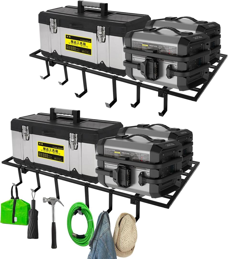 Colinktool Garage Wall Shelving, 2X4ft Garage Storage Rack,Heavy Duty Wall Mounted Storage Shelf With 12 pc Hooks-Each Loads 260lbs Metal Wall Shelf,Black,2Pack