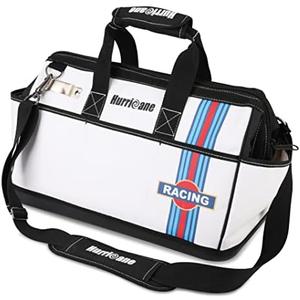 HURRICANE 16 inch Wide Mouth Tool Bag with Water Proof Molded Base with Extra Shoulder Strap, Upgrade Version, Racing theme-White, Multi Pockets, Large Inner Space