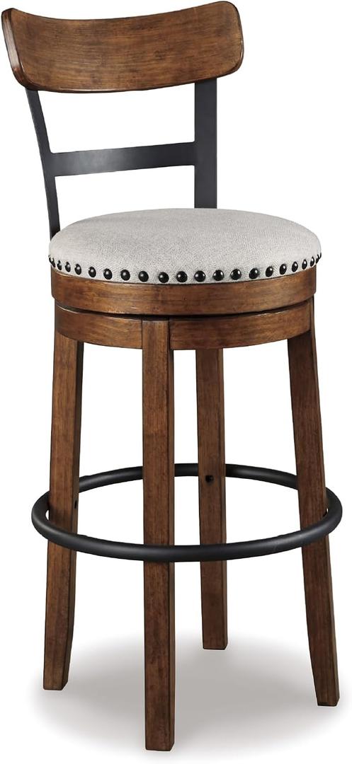 Signature Design by Ashley Valebeck | 30 Farmhouse Pub-Height Swivel Barstool With Back  Upholstered Cushion, Nailhead Trim, Metal & Wood Frame, Brown