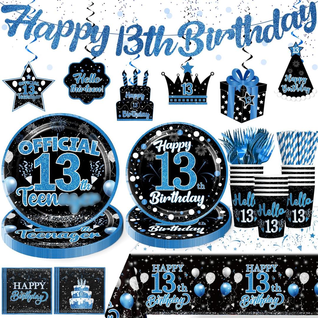 160pcs 13 Birthday Boy Decorations Plate, Officially a Teenager Party Decorations 13th Birthday Plates and Napkins Banner Teenage Boy Birthday Decorations 13th Birthday Decorations for Boys (Blue)