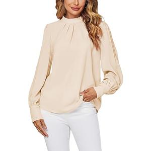 LYANER Women's Mock Neck Pleated Solid Long Sleeve Blouse Office Shirt Top (Medium, Beige)