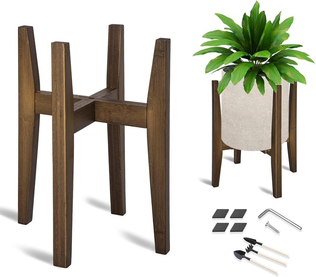 OERGKE Adjustable Plant Stand, Bamboo Mid Century Modern Indoor Plants Stands, Corner Flower Holder for Living Room, Fits 8 to 12 Inches Pots, (Pot & Plant Not Included)(Walnut, 1 Pack)