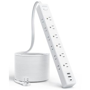 15 FT Flat Extension Cord with 12 AC Outlets with 3 USB Ports (1 USB C), 1875W 15A 14 Gauge 3 Prong, 1080J Long Surge Protector Power Strip, On-Off Switch, Mountable for Home Office Garage Workshop