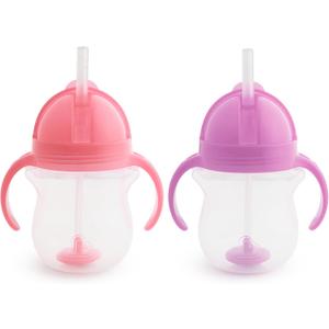 Munchkin Any Angle Sippy Cups for Toddlers, Spill Proof Weighted Straw Cup with Transition Handles for Babies 6 Months and Up, 7 Ounce, 2 Pack, Pink/Purple, 2 Count