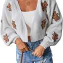 SweatyRocks Women's Graphic Embroidery Long Sleeve Loose Cardigan Open Front Knit Cardigan Crop Sweater (Small, White)