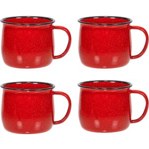 Red Co. Set of 4 Enamelware Metal 12 Oz Round Camping Coffee Mugs with Handle, White-Speckled Red/Black Rim
