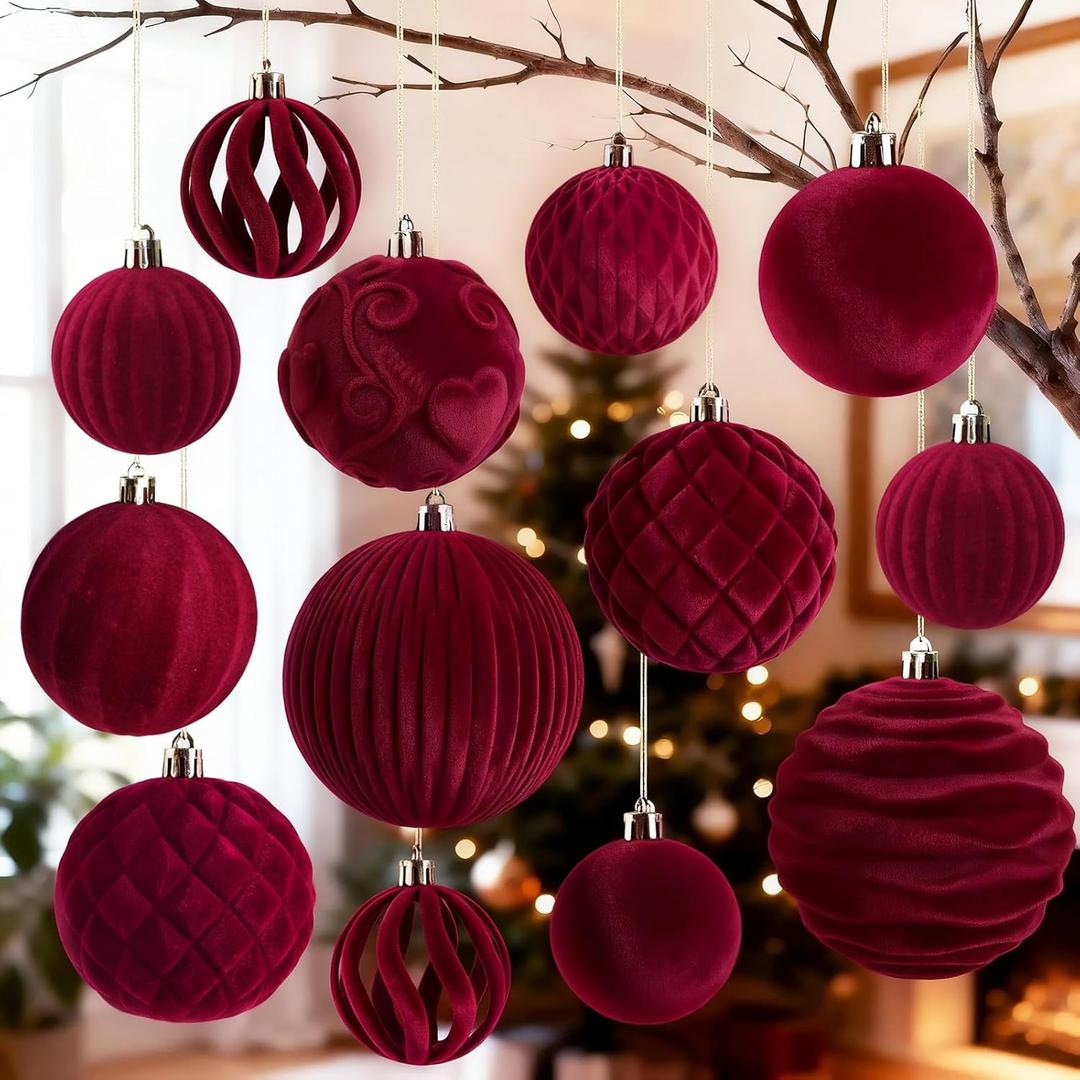18Pcs Velvet Christmas Tree Ornaments Set, Wine Red Flocked Hanging Christmas Balls Ornaments, Shatterproof Decorative Hanging Balls Decorations Assortment for Xmas Tree Holiday Home Party Decor (Burgy)