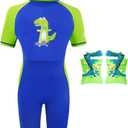Gogokids Kids Floatation Swimsuit with Adjustable Buoyancy One Piece Swimwear Float Suit Swim West for Boys and Girls, Toddler Bathing Suit Rash Guard with Arm Floaties (4, Skateboarding Dinosaur)