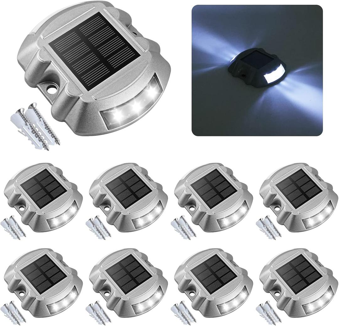VOLISUN Solar Deck Lights Driveway Dock Lights, 8-Pack Led IP68 Waterproof Outdoor Warning Step Lights for Driveway Sidewalk Garden Pathway Yard(White, Auto On/Off