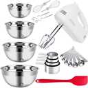 5-Speed Electric Hand Mixer, 4 Large Mixing Bowls Set, Handheld Mixers with Whisks Beater, Stainless Steel Metal Nesting Bowl Measuring Cups Spoons Kitchen Cake Blender for Baking Supplies