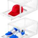2 Pack Clear Shoe Boxes - Stackable Sneaker Display Case with Sliding Tray and Door, Large Shoe Containers Up to Fit Size 14, Plastic Shoe Storage Box, Great Hat Organizer for Baseball Caps