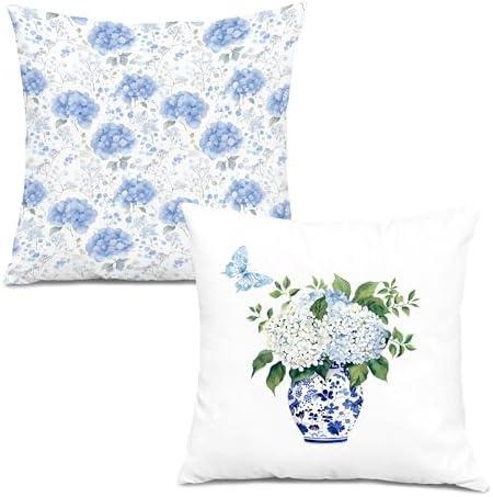XUNLURY Chinoiserie Hydrangea Floral Pillow Covers 18x18 Set of 2, Grandmillennial Home Decor, Cottagecore Room Decor, Blue and White Hydrangea Flower Decorative Throw Pillow Covers