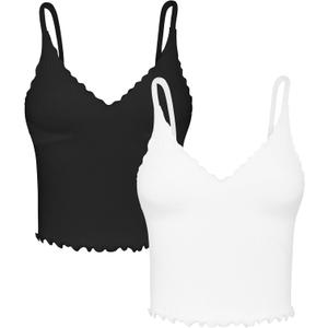 Sunzel Tank Top for Women, V Neck Seamless Ribbed Crop Camisole with Ruffles (Large, Black & White)