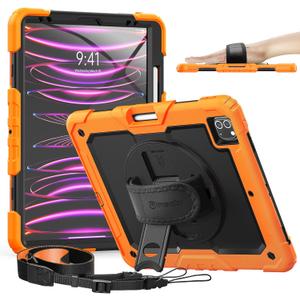 Timecity iPad Pro 12.9 Case 6th/5th/4th/3rd Gen, 360 Rotating Stand, Pencil Holder & Wireless Charging, Shockproof with Screen Protector & Shoulder Strap - for Designers & Professionals - Orange