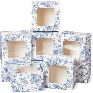 50 Pack Blue Floral Cookie Boxes with Window, Chinoiserie Small Bakery Treat Boxes for Pastry Donuts Macaroon Cupcakes, Wedding Bridal Shower Birthday Tea Party Baby Shower Favors, Flower