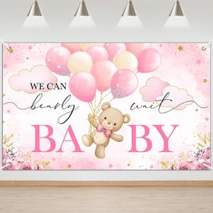 Mocsicka We Can Bearly Wait Backdrop Pink Bear Baby Shower Banner Girls Baby Shower Party Decorations Photo Booth Props (Pink, 6x3.6ft)