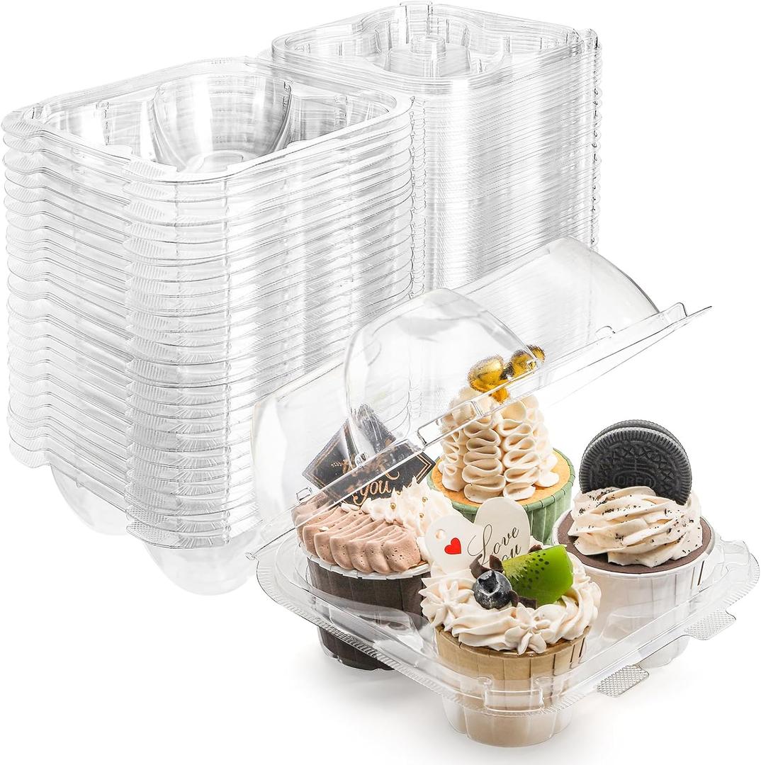 Bekith 60 Count 4-Compartment Plastic Cupcake Containers - Disposable Cupcake Trays Holder Carrier Box with Lids for Cupcakes & Muffins - Hinged Lock Cupcake Clamshell - Deep Cups for Cupcake Storage