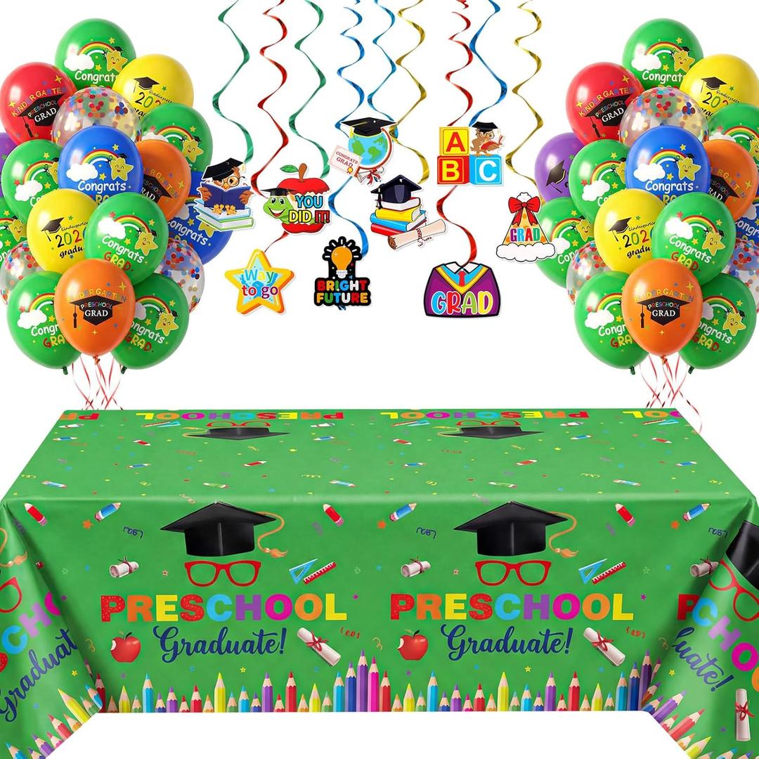 Wettarn 47 Pcs 2026 Pre School Graduation Decorations Pre k Graduation Decorations Include Kindergarten Table Cover 10 Congrats Hanging Swirl 36 Pcs Graduate Balloon for Congrats Grad Party(Green)
