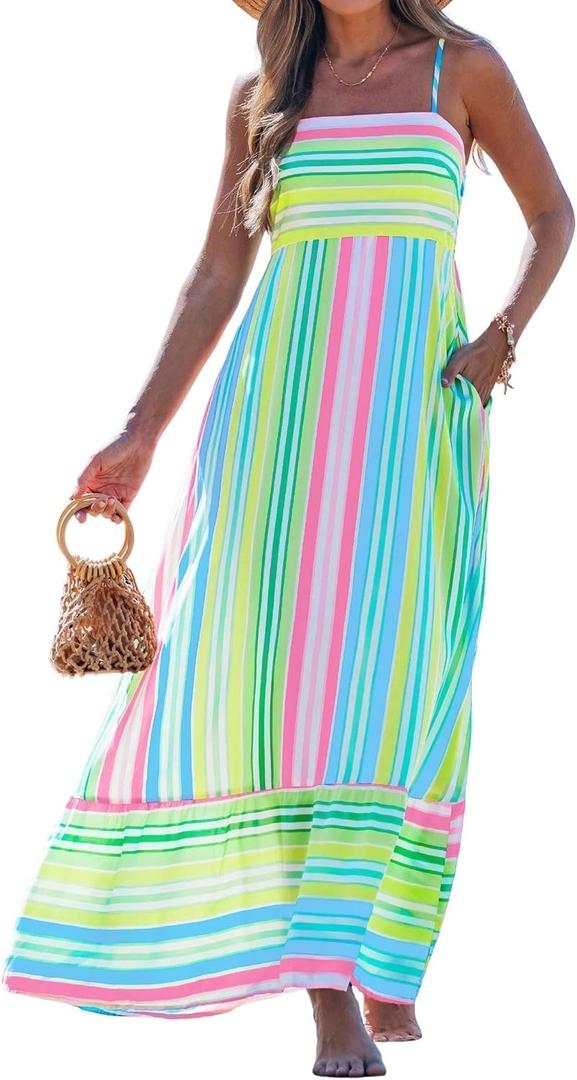 popvil Women Summer Maxi Dress 2026 Spaghetti Strap Long Beach Dress A-Line Flowy Casual Sleeveless Striped Vacation Sun Dress(Rainbow Blue,X-Large)