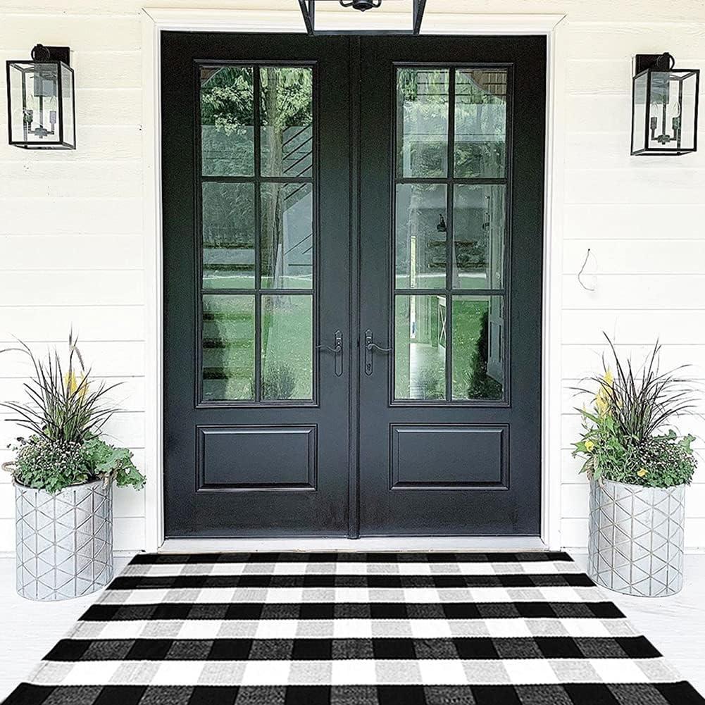 Buffalo Plaid Outdoor Rug 35.4'' x 59'' Black and White Front Door Mat Front Porch Rug Layered Welcome Door Mat for Front Porch Decor, Front Door, Farmhouse Decor,Entryway