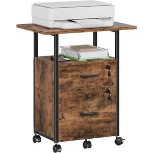 2 Wood Drawer Lockable File Cabinet with 22'' Extended Desktop, Mobile Filing Cabinet with Side Bag, Rolling Printer Stand, Fits A4&Letter Size, Home Office, Rustic Brown