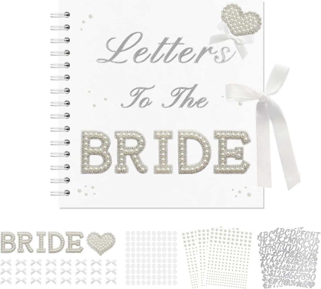 8x8 Letters to The Bride Scrapbook Wedding Memory Book Bridal DIY Photo Album Guest Book with Pearl Stickers Letters and Bows Blank Paper for Personalized Keepsake
