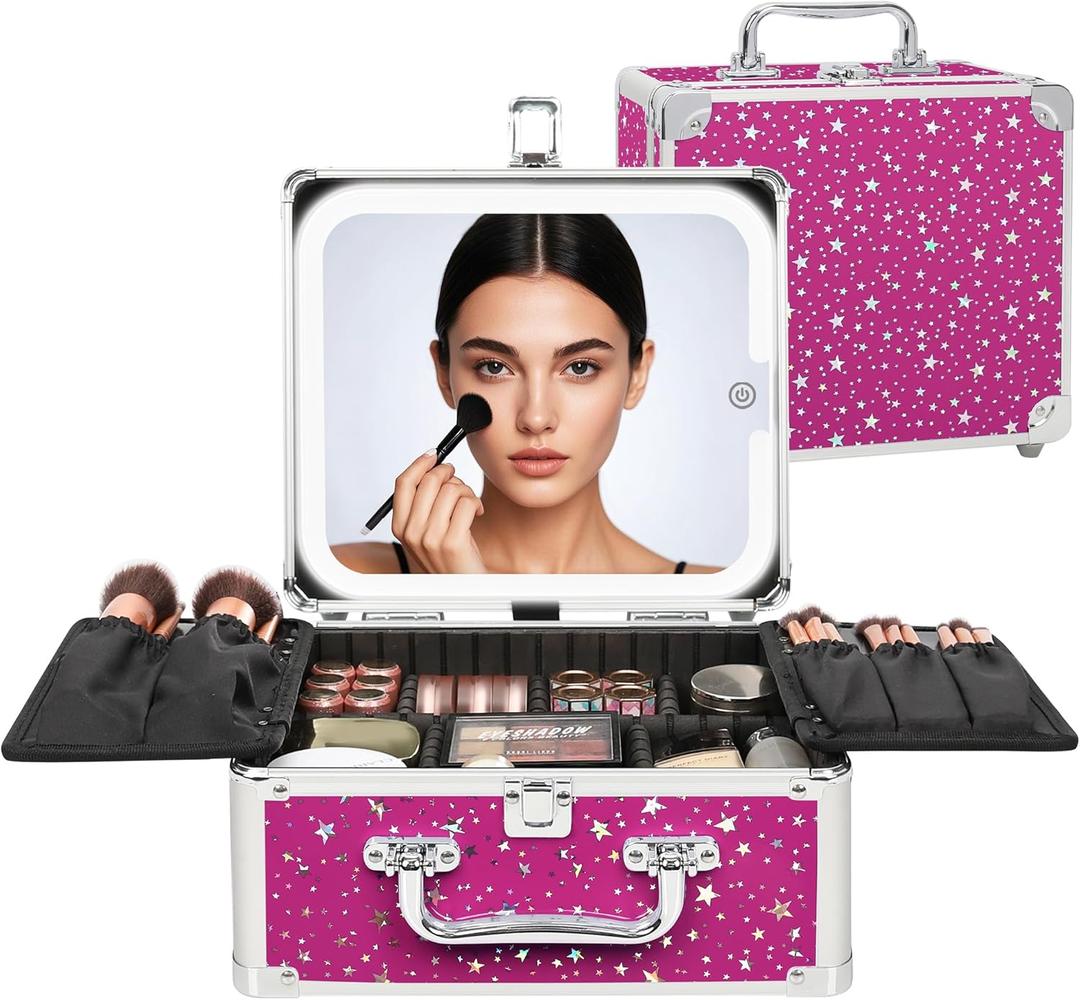 Relavel Makeup Bag with LED Mirror, Makeup Box Travel Train Case with Rechargeable Lighted Mirror, Cosmetic Brush Organizer Storage for Makeup Artists Gifts for Women and Girls, Hot Pink Shining Star (Small)