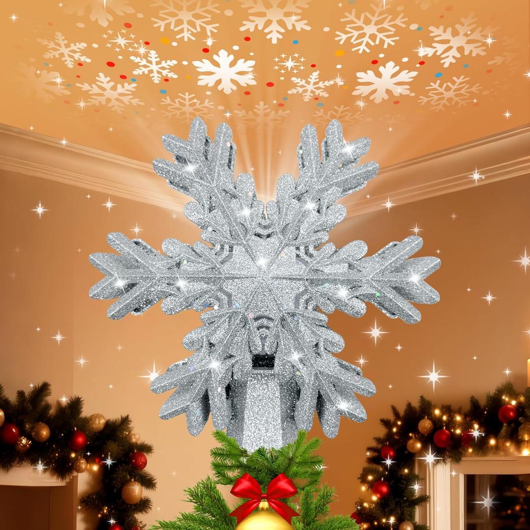 Christmas Tree Topper Lighted with LED Rotating Silver Snowflake Projector, 3D Hollow Glitter Lighted Silver Snow Christmas Star Tree Topper with Plug for Indoor Outdoor Christmas Tree Decorations, 8.66 Inches X 8 Inches X 1.97 Inches
