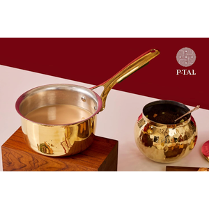 P-TAL Brass Saucepan, 100% Pure Brass Tin-Coated Tea & Milk Pan | Heat-Resistant Handle | Non-Stick & Chemical-Free Cookware 