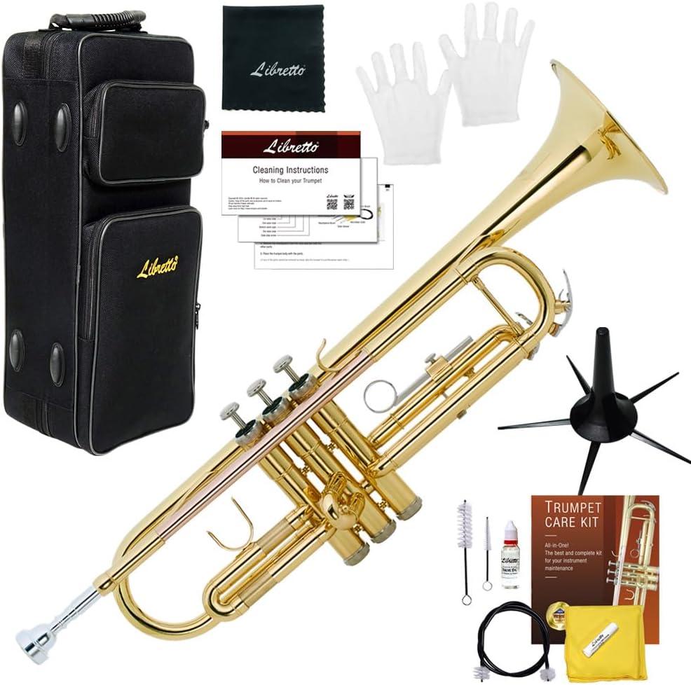 Libretto Gold Lacquer Bb Trumpet Set, Rose Brass Leadpipe, Standard for Beginner & Intermediate Students, Stainless Valve, 7C Mouthpiece, Durable Case, Portable Stand & Maintenance Kit w/Instructions