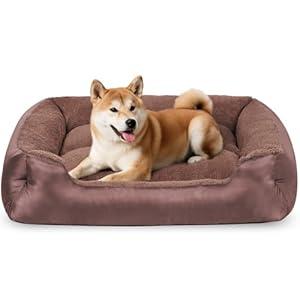 Medium Dog Bed for Medium Dogs Washable, Soft and Comfort Pet Beds, Calming Dog Sofa Bed with Raised Edges, Non-Slip Bottom, Brown(31.4"L x 23.6"W x 7"Th)