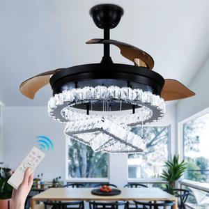 42" Dimmable Ceiling Fan with Light and Remote LED Crystal Chandelier Fan Retractable Invisible Fandeliers with Memory, 6 Speed, Timer Function, Black.