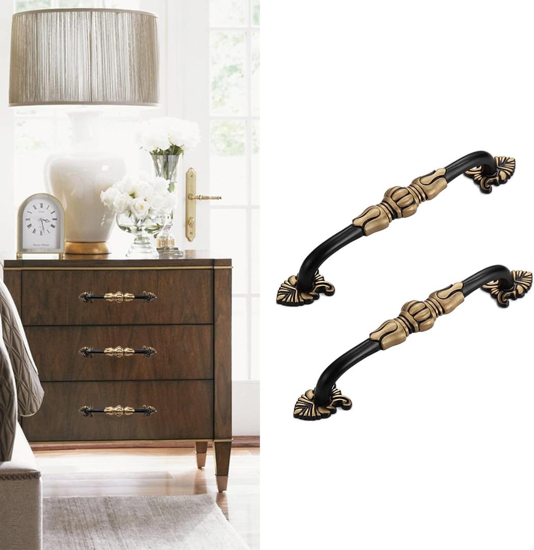 2 Pack Antique Brass Cabinet Handles 5 inch French Provincial Drawer Pulls Vintage Cabinet Hardware Floral Drawer Pull Solid Brass Antique Gold Handles for Dresser - Gold & Black (5" Hole Center)