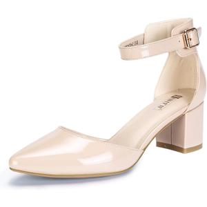 IDIFU Women's IN2 Pedazo Dress Shoes Low Block Heels Comfortable Chunky Closed Toe Ankle Strap Wedding Pumps (9, Nude Patent)